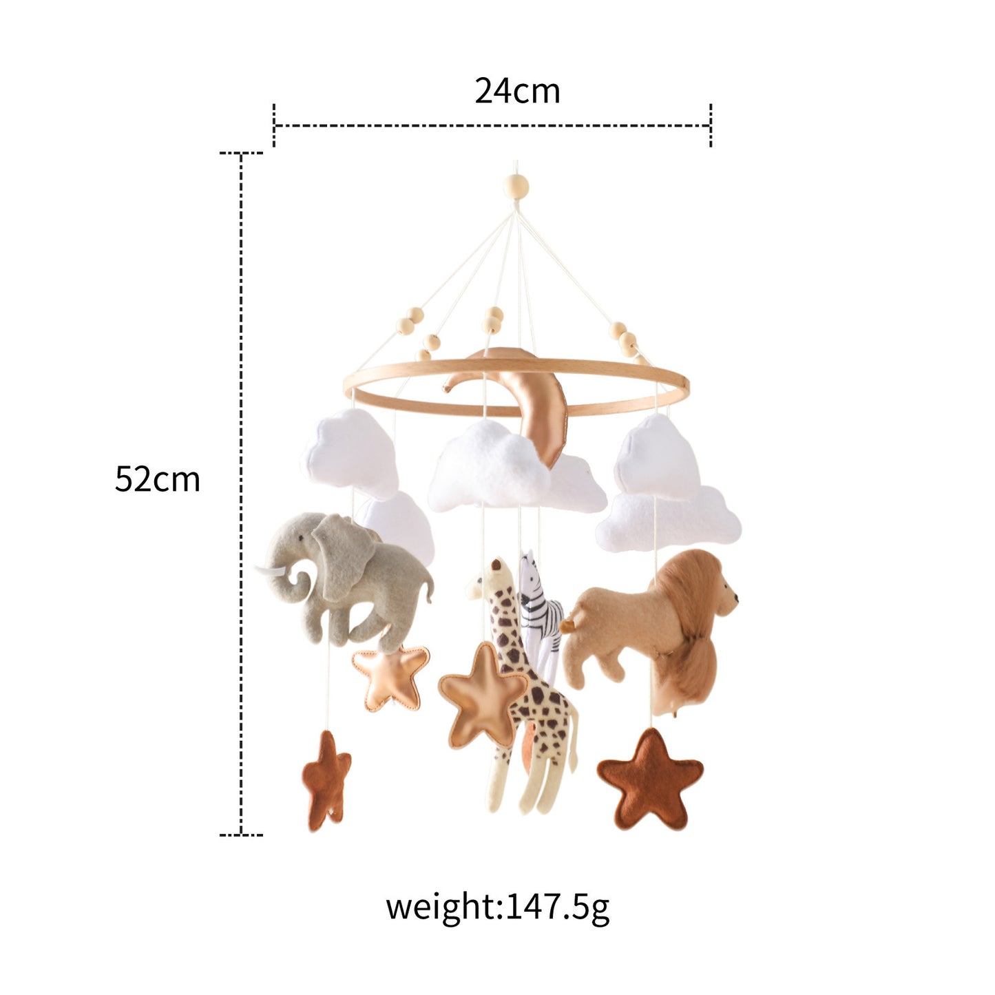 Forest Animal Wind Chimes Crib Decoration with Felt Clouds and Moon