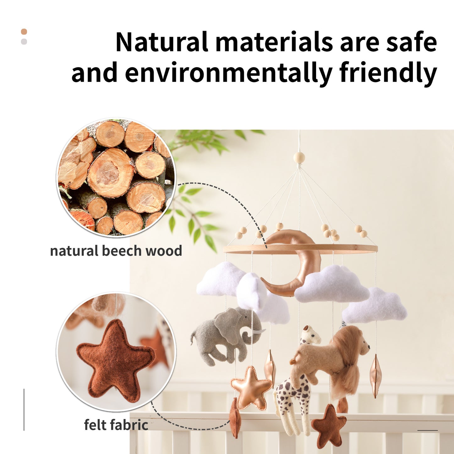 Forest Animal Wind Chimes Crib Decoration with Felt Clouds and Moon