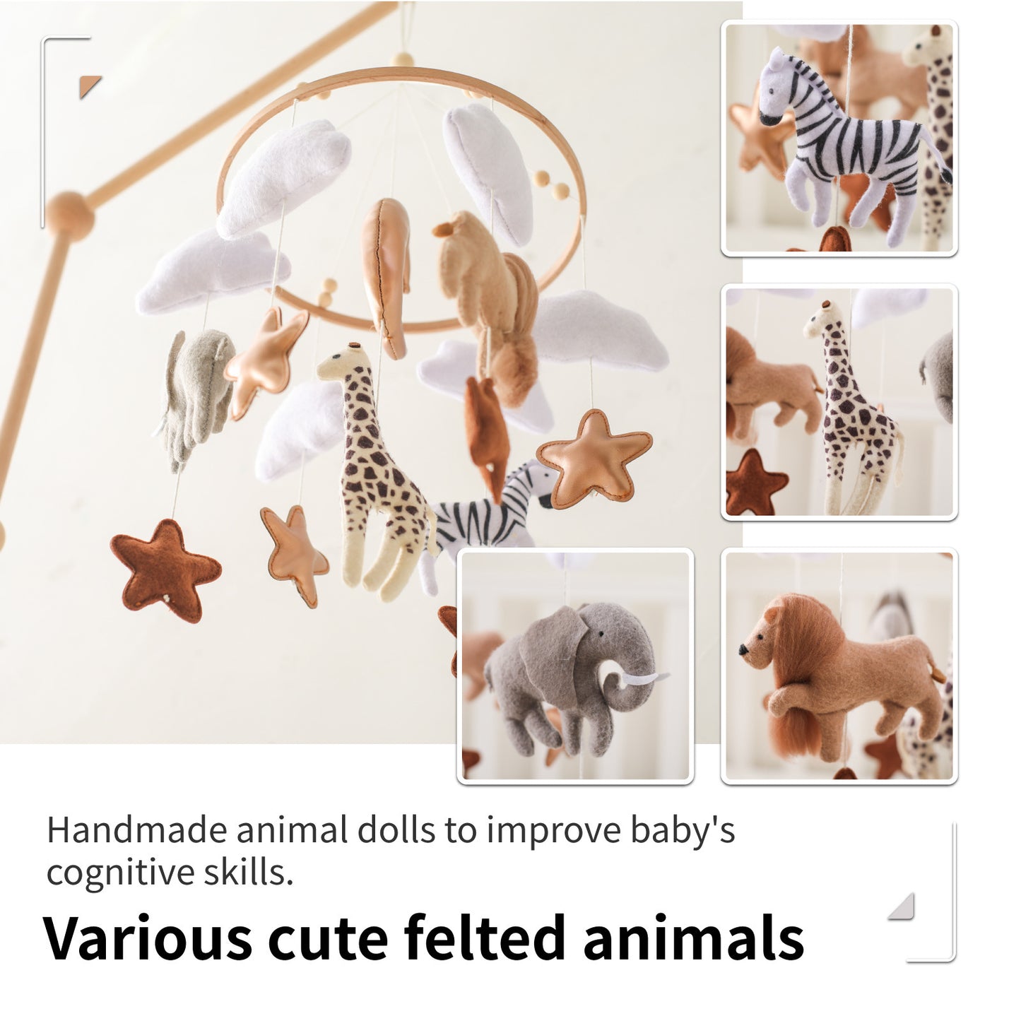 Forest Animal Wind Chimes Crib Decoration with Felt Clouds and Moon