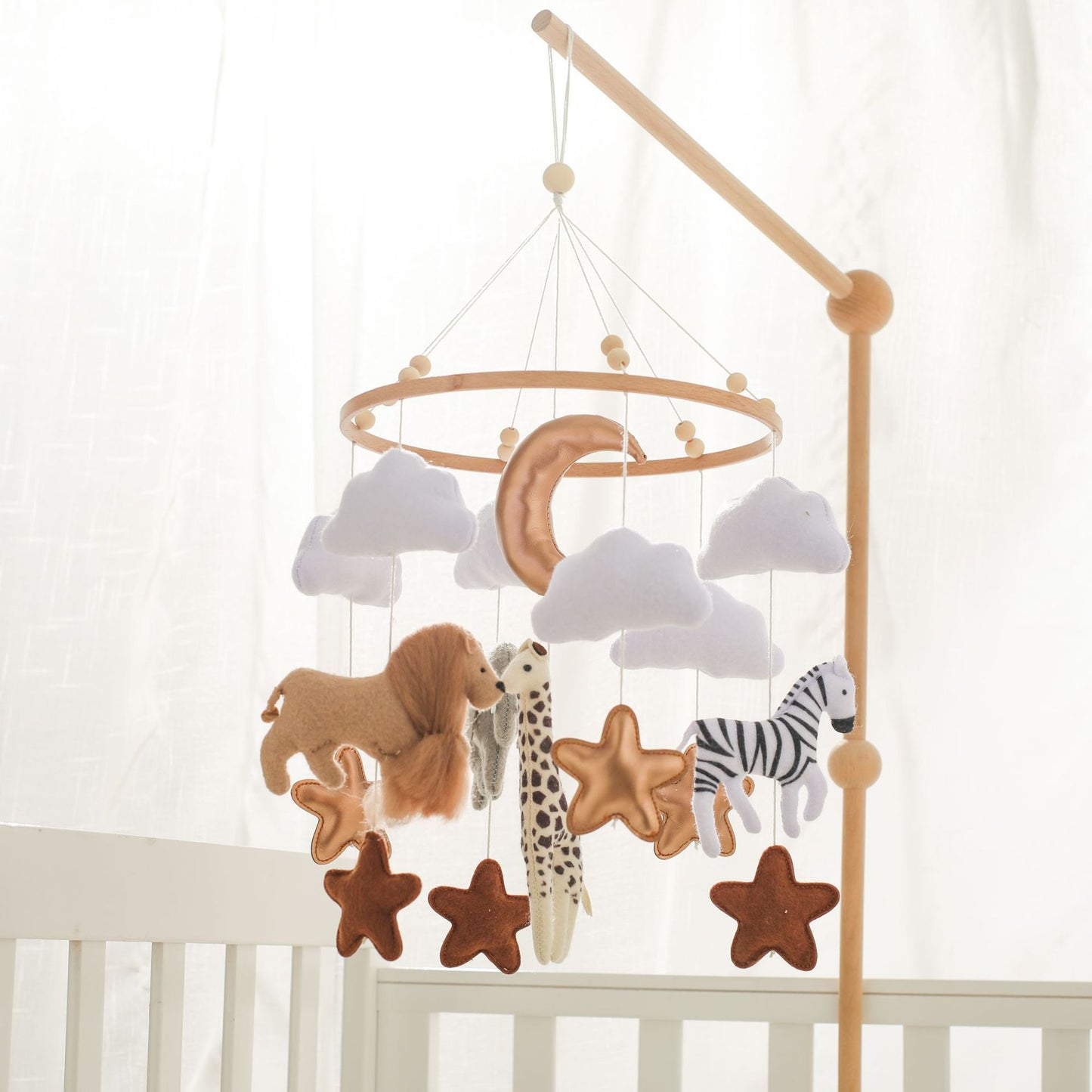 Forest Animal Wind Chimes Crib Decoration with Felt Clouds and Moon