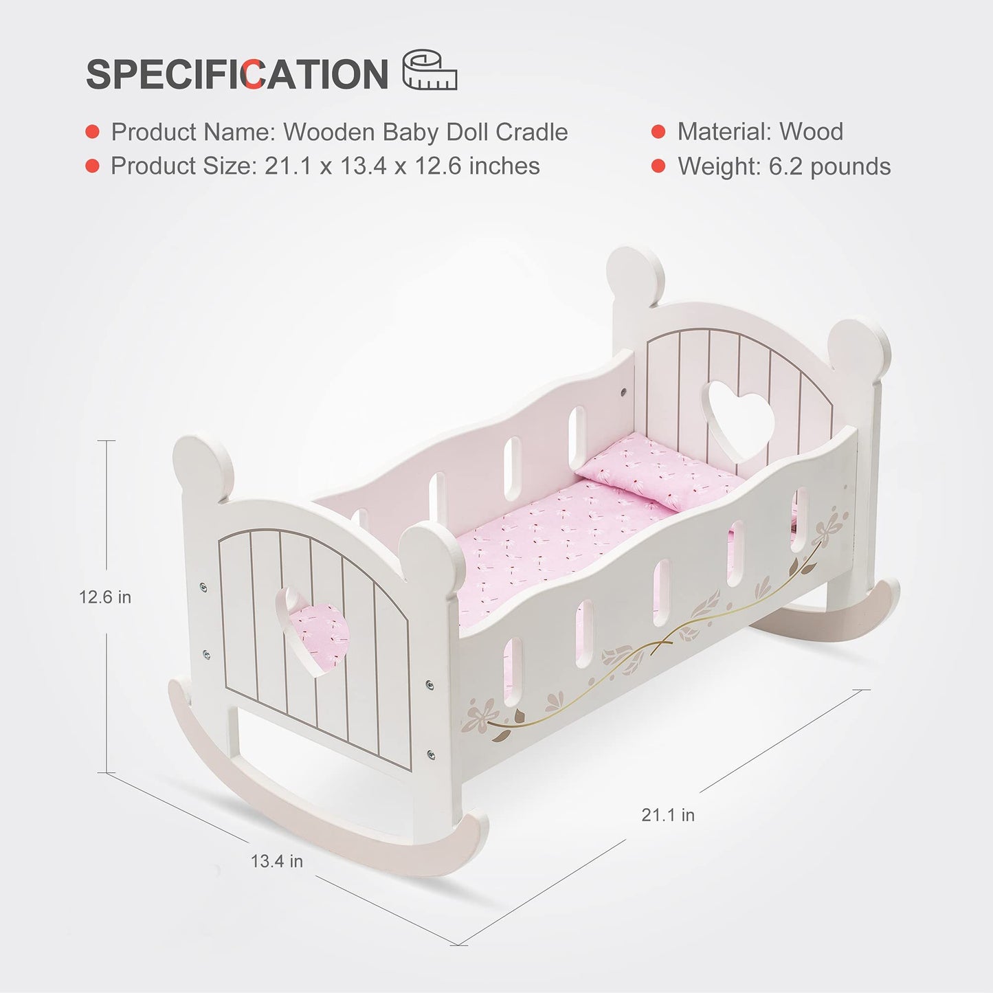 Robotime Wooden Rocking Doll Cradle for 18" Dolls