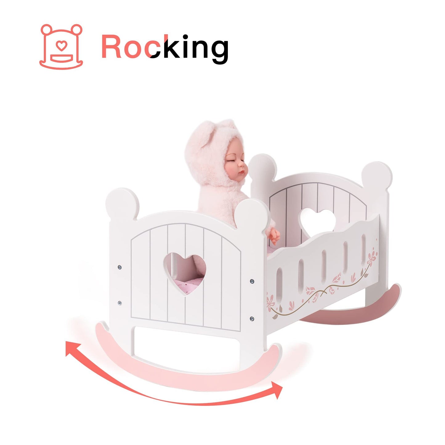Robotime Wooden Rocking Doll Cradle for 18" Dolls