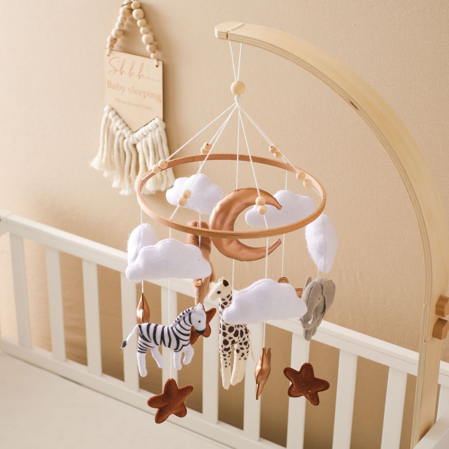 Forest Animal Wind Chimes Crib Decoration with Felt Clouds and Moon