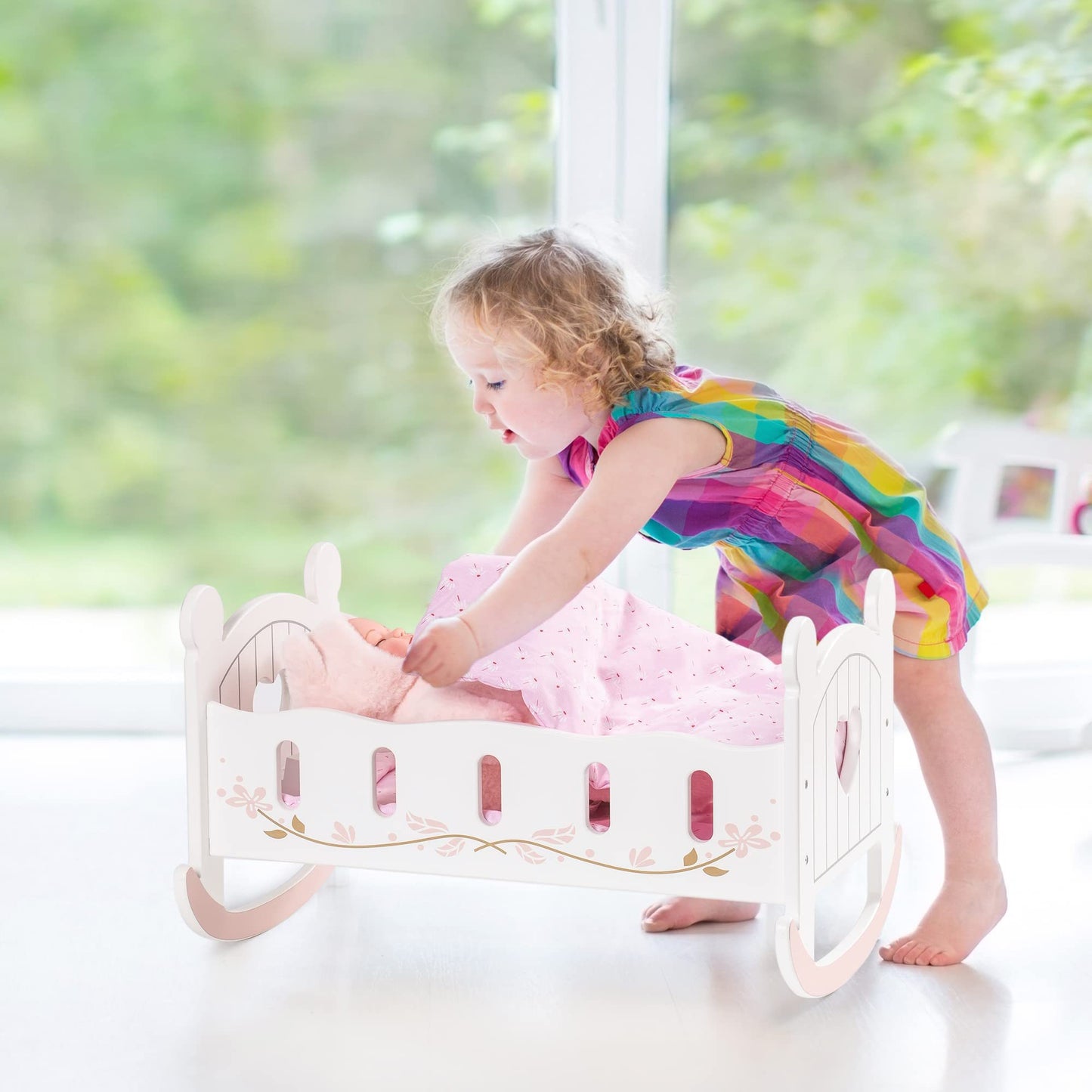Robotime Wooden Rocking Doll Cradle for 18" Dolls