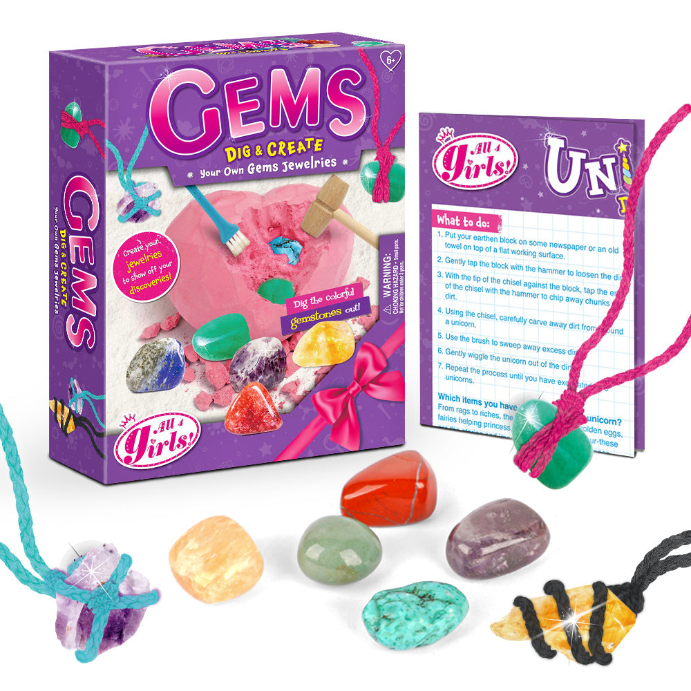 Kids' Gemstone Dig Kit - STEM Science Toy with 6 Gems & DIY Necklace