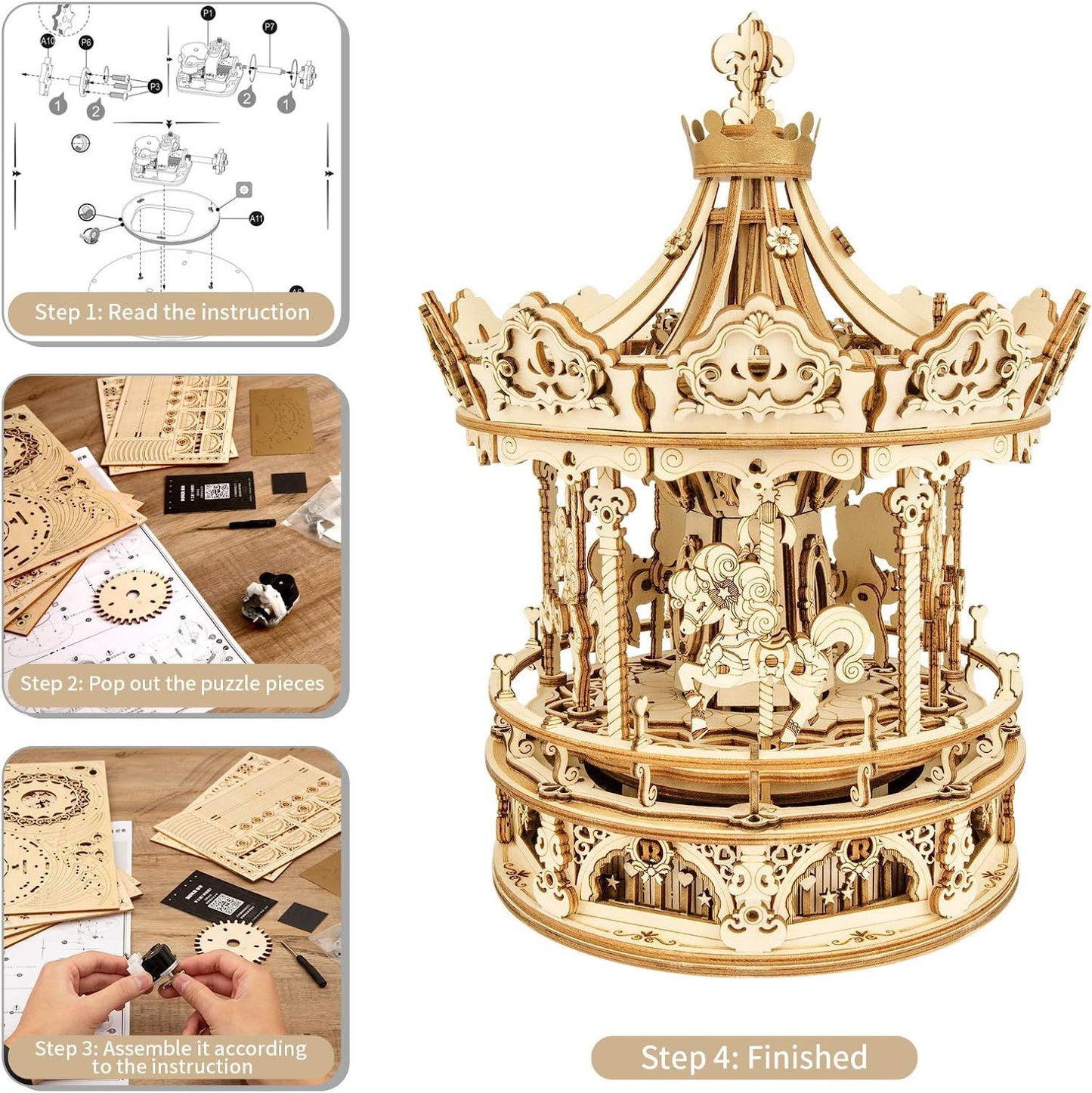 Robotime Rokr 3D Wooden Puzzle: DIY Music Box Kit with Rotating Romantic Carousel Model