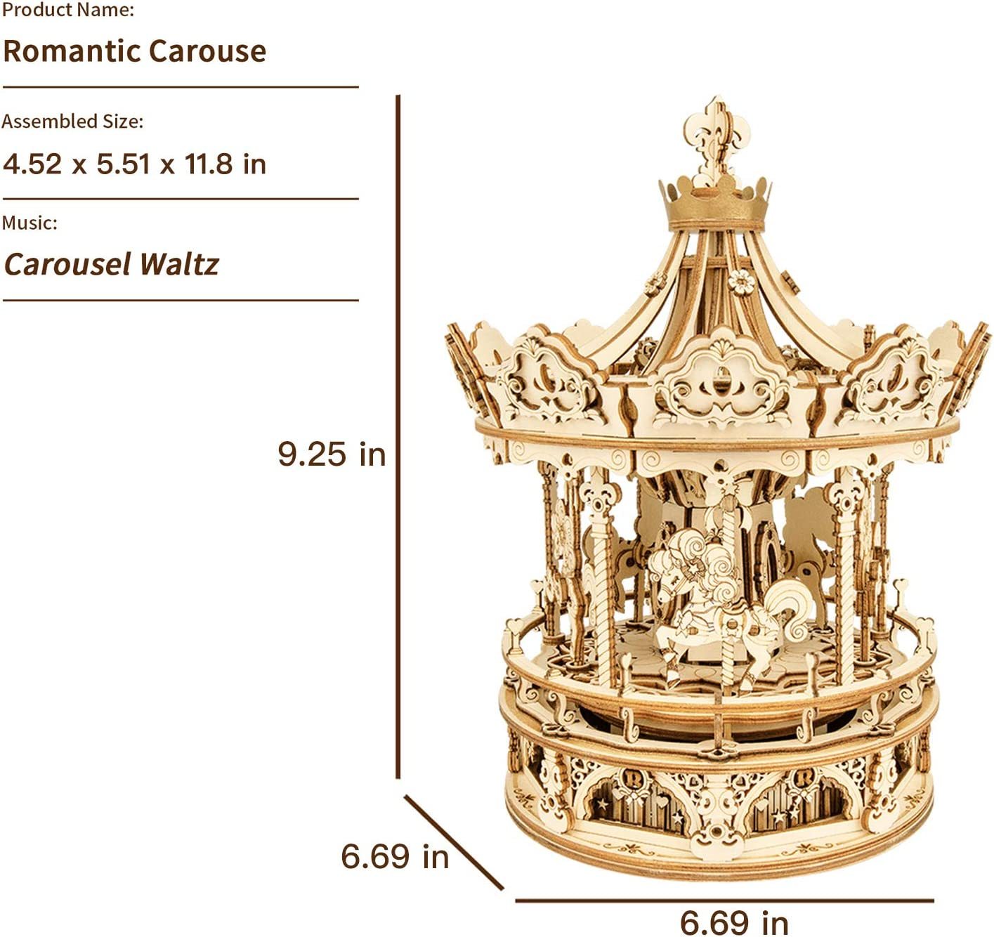 Robotime Rokr 3D Wooden Puzzle: DIY Music Box Kit with Rotating Romantic Carousel Model